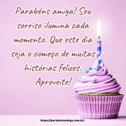 Parabéns amiga! Seu sorriso ilumina cada momento. Que este dia seja o começo de muitas histórias felizes. Aproveite! Parabéns amiga! Seu sorriso ilumina cada momento. Que este dia seja o começo de muitas histórias felizes. Aproveite!