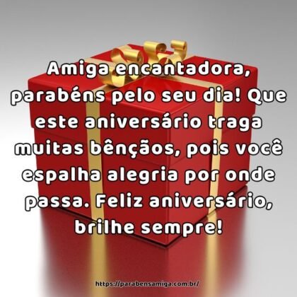 Amiga encantadora, parabéns pelo seu dia! Que este aniversário traga muitas bênçãos, pois você espalha alegria por onde passa. Feliz aniversário, brilhe sempre! Amiga encantadora, parabéns pelo seu dia! Que este aniversário traga muitas bênçãos, pois você espalha alegria por onde passa. Feliz aniversário, brilhe sempre!