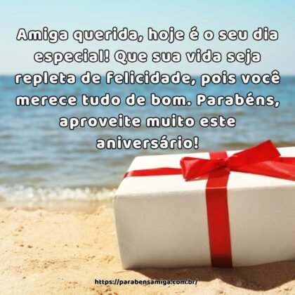 Amiga querida, hoje é o seu dia especial! Que sua vida seja repleta de felicidade, pois você merece tudo de bom. Parabéns, aproveite muito este aniversário! Amiga querida, hoje é o seu dia especial! Que sua vida seja repleta de felicidade, pois você merece tudo de bom. Parabéns, aproveite muito este aniversário!