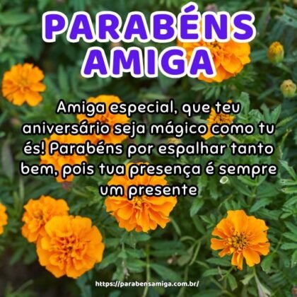 Amiga especial, que teu aniversário seja mágico como tu és! Parabéns por espalhar tanto bem, pois tua presença é sempre um presente. Amiga especial, que teu aniversário seja mágico como tu és! Parabéns por espalhar tanto bem, pois tua presença é sempre um presente.