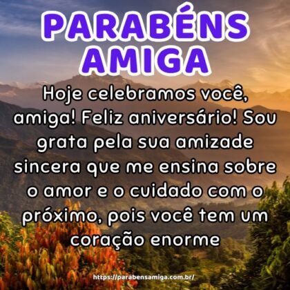 Hoje celebramos você, amiga! Feliz aniversário! Sou grata pela sua amizade sincera que me ensina sobre o amor e o cuidado com o próximo, pois você tem um coração enorme. Hoje celebramos você, amiga! Feliz aniversário! Sou grata pela sua amizade sincera que me ensina sobre o amor e o cuidado com o próximo, pois você tem um coração enorme.